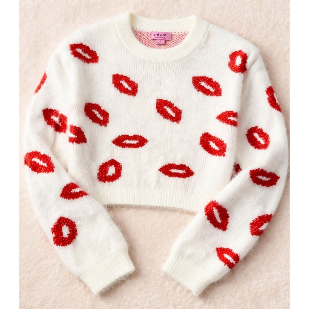 Mi Ami Lip Print Fuzzy Cropped Coquette Kiss Francescas Sweater Womens Large